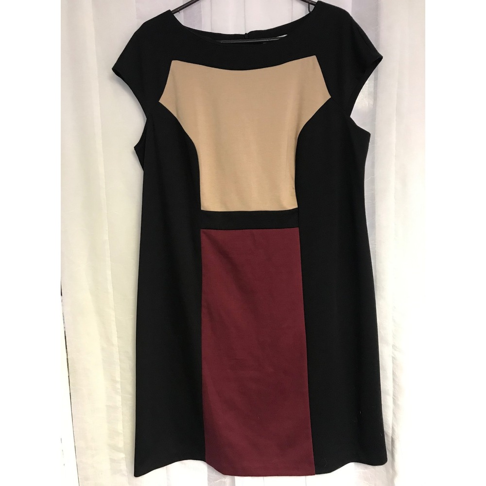 Dressbarn Womens Plus 16‎ Colorblock Sheath Dress Black Tan Burgundy Cap Sleeve